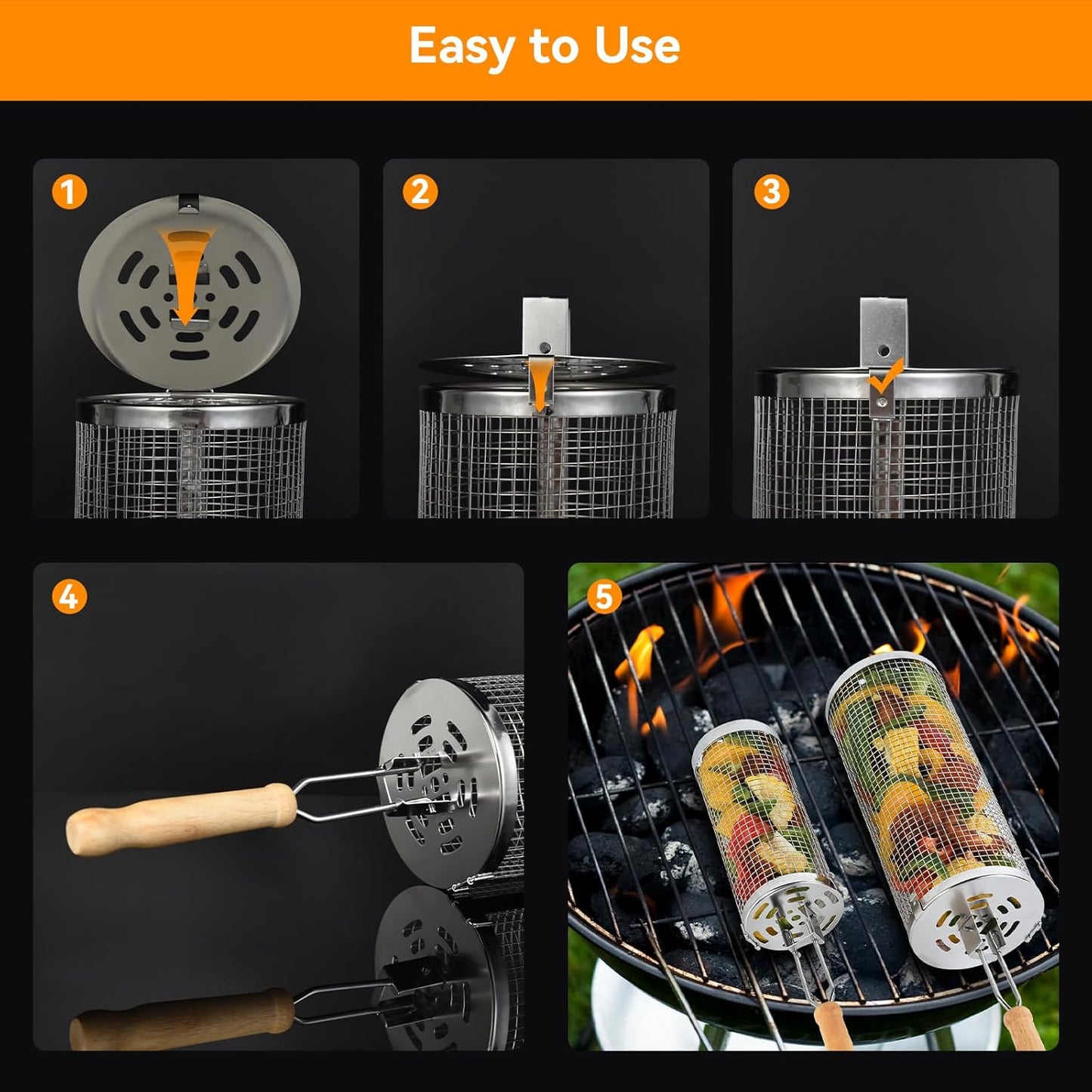 Rolling Grill Baskets for Outdoor,2 PCS BBQ Grilling Basket with Removable Wooden Handle, 5" and 3"Diameter 304 Stainless Steel BBQ Net for Vegetables Seafood Meat, Camping Birthday Gifts for Men Dad Husband