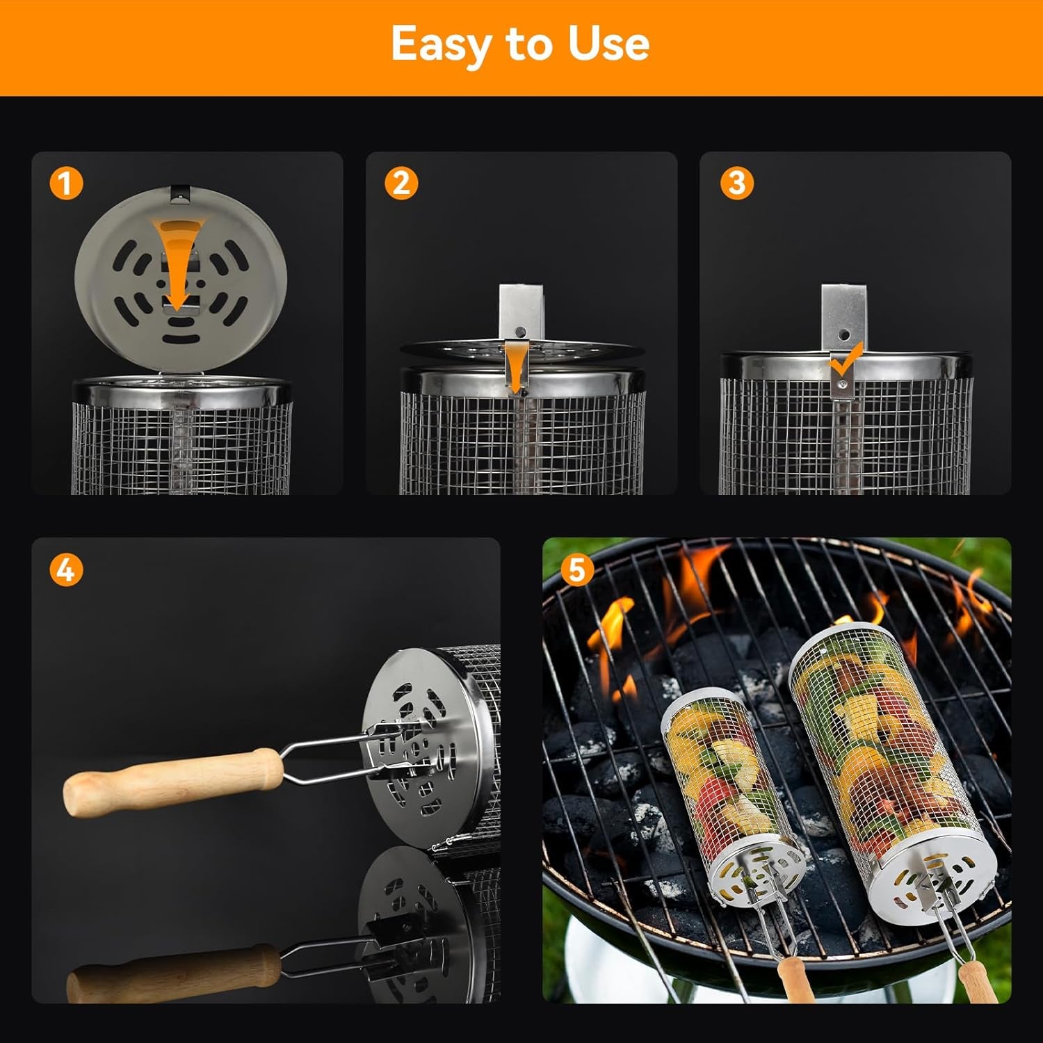 Rolling Grill Baskets for Outdoor,2 PCS BBQ Grilling Basket with Removable Wooden Handle, 5" and 3"Diameter 304 Stainless Steel BBQ Net for Vegetables Seafood Meat, Camping Birthday Gifts for Men Dad Husband