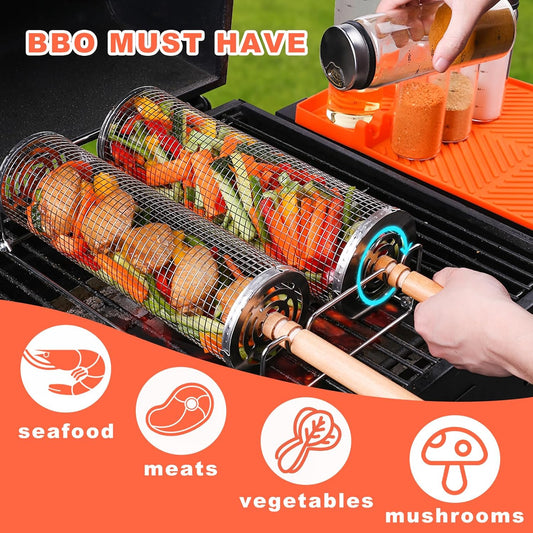 2 PCS Nesting Grill Baskets Rolling Grilling Baskets, Removable Wooden Handle, Stainless Steel Grill Accessories Set, Portable Grill Vegetables, Fish, Shrimp, Meat, Fries for Men Dad Husband
