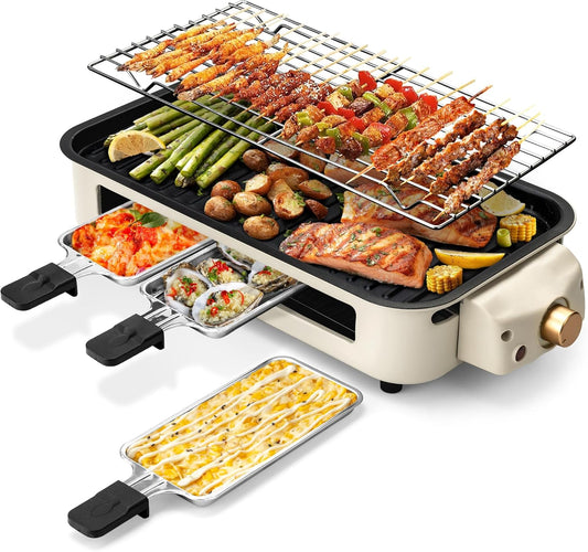 Pukomc Electric Indoor Grill,2 in 1 Indoor Grills for Kitchen with Grill Net & Non-Stick Cooking Removable Plate, Temperature Control, Dishwasher Safe, 1500W Smokeless Barbecue