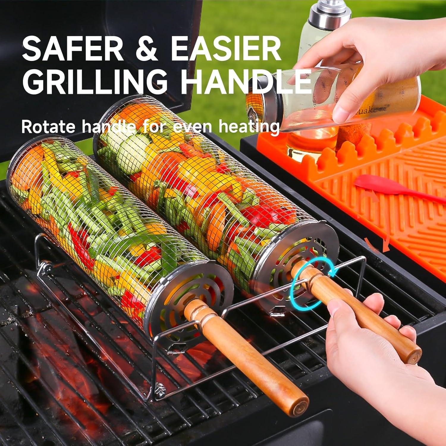 Rolling Grill Basket for Outdoor Grill 2 PCS, BBQ Grilling Gifts for Men Dad Husband, Stainless Steel Grill Mesh Barbeque Grill Accessories, Grilling Net with Wooden Handle & Stands, Outdoor Camping Tools for Chicken, Meat, Fish, Steak, Vegetables, Seafood