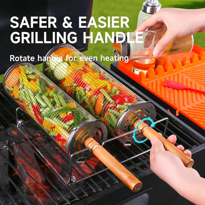 Rolling Grill Basket for Outdoor Grill 2 PCS, BBQ Grilling Gifts for Men Dad Husband, Stainless Steel Grill Mesh Barbeque Grill Accessories, Grilling Net with Wooden Handle & Stands, Outdoor Camping Tools for Chicken, Meat, Fish, Steak, Vegetables, Seafood
