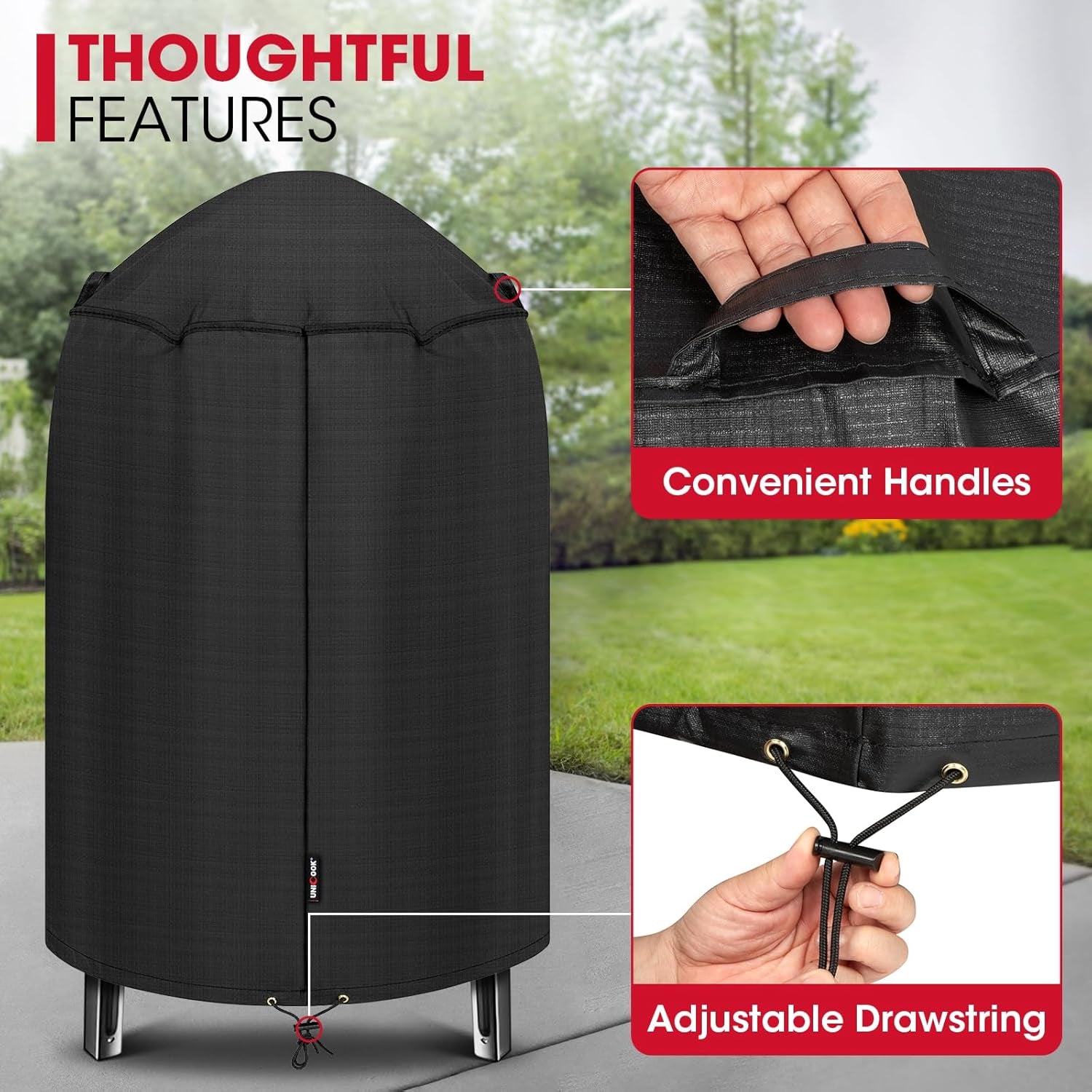 Unicook round Smoker Cover 30 Inch for Charcoal Kettle Grills, BBQ Grill Cover, Waterproof Vinyl Exterior with Polyester Lining, Compatible with Pit Barrel Cooker, Char-Griller and Akorn Kamado Etc.