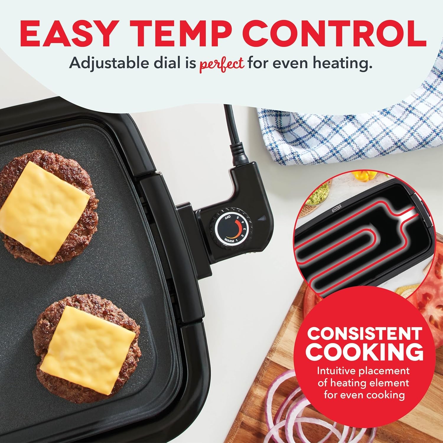 DASH Deluxe Everyday Electric Griddle with Dishwasher Safe Removable Nonstick Cooking Plate for Pancakes, Burgers, Eggs and More, Includes Drip Tray + Recipe Book, 20” X 10.5”, 1500-Watt - Red
