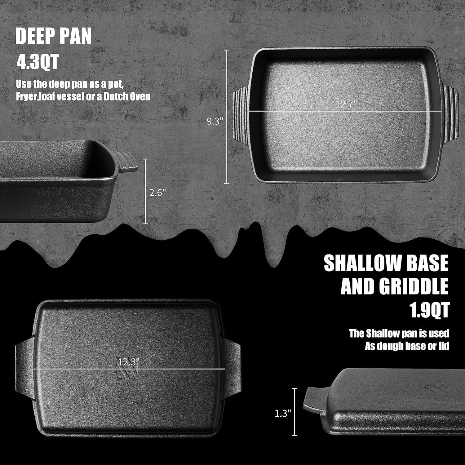 2-In-1 Pre Seasoned Cast Iron Dutch Oven with Skillet Lid,Casserole Dish,Rectangular Baking Pan,Griddle Pot Set, 6QT, 9"X13"