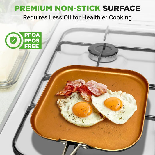 Nutrichef Copper Pan Non-Stick Coating Inside, Hard-Anodized Look Heat Resistant Lacquer Outside, Silicone Handle NCSQPA, 1 Griddle