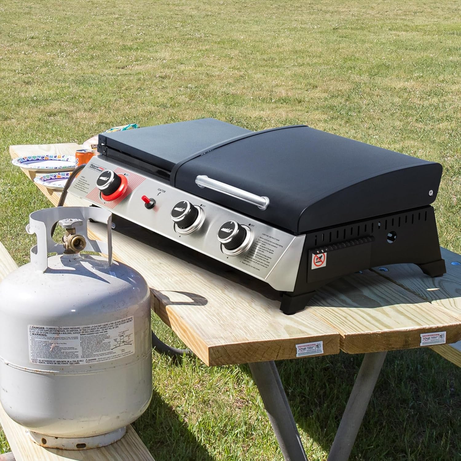 Royal Gourmet PD1305H 3-Burner Propane Gas Grill and Griddle Combo with Lid, 3-In-1 Grill Griddle Combo with 29,000 Btus Output for Outdoor Cooking, 364 Sq. In. Cooking Area, Silver & Black