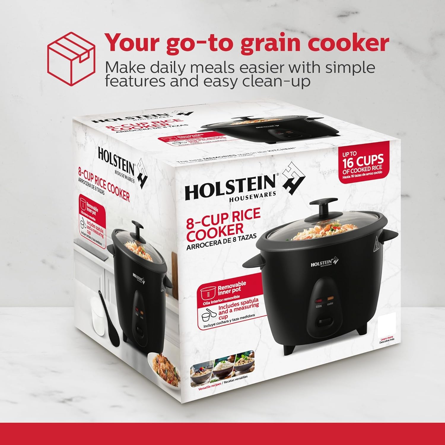 Holstein Housewares 16-Cup Cooked (8-Cup Uncooked) Rice Cooker, Black – One-Touch Operation with Cook & Keep Warm Functions, Perfect for Rice, Quinoa, Oatmeal, Stews & Grains