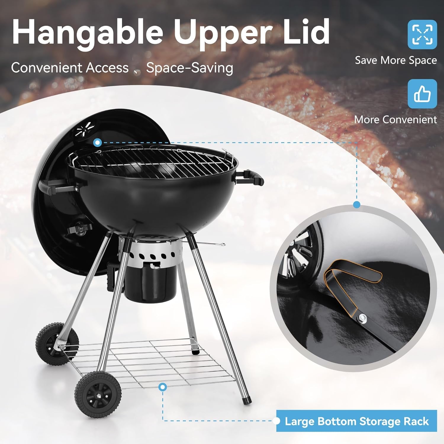 GREEN PARTY 22 Inch Kettle Charcoal BBQ Grill with Wheels, Portable Charcoal Grill with Porcelain-Enameled Lid & Ash Catcher for Outdoor Cooking Barbecue Camping Picnics Tailgating