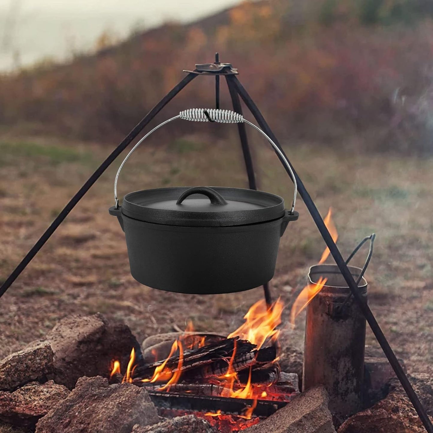 8 Piece Pre-Seasoned Dutch Oven Cooking Set Cast Iron Camping Kitchen Cookware Bakeware Skillets & Square Grill Pan W/Vintage Carrying Wood Box for Ourdoor Home BBQ Baking