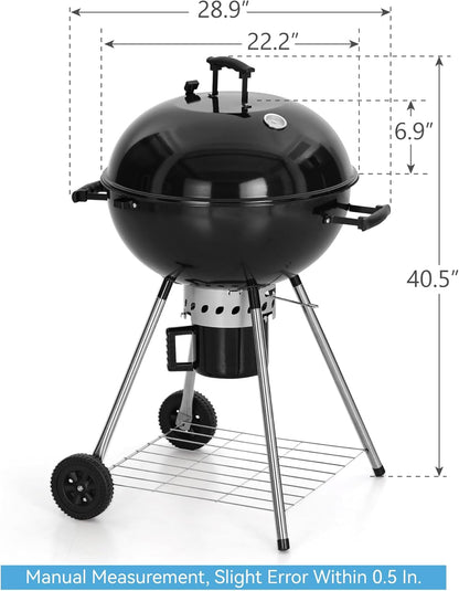 GREEN PARTY 22 Inch Kettle Charcoal BBQ Grill with Wheels, Portable Charcoal Grill with Porcelain-Enameled Lid & Ash Catcher for Outdoor Cooking Barbecue Camping Picnics Tailgating