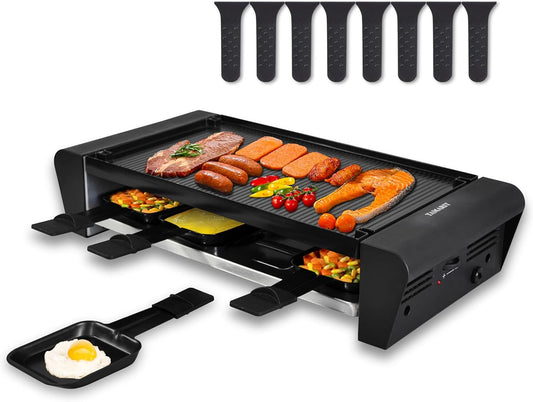TAMARIT Raclette Table Grill for 8, 2 in 1 Raclette Grill Small Swiss Style Raclette Pfas-No Nonstick Reversible Grill/Griddle Plate Adjustable Temperature Control 1300 W, 8 Raclette Cheese Pans Black