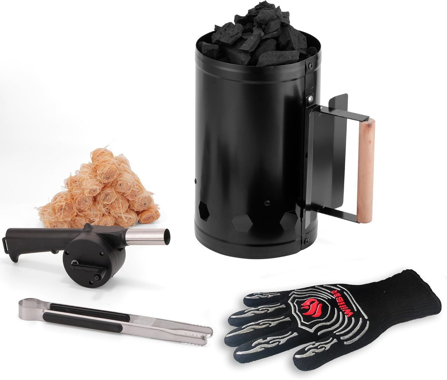 Charcoal Chimney Starter, Heavy Duty Premium Chimney Starter for Charcoal Grills BBQ Accessory with Heat Resistant Wooden Handle for Outdoor Grill Camping (‌Black)