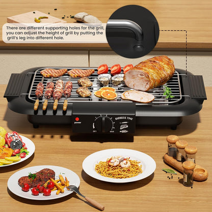 Electric BBQ Grill, Smokeless Non-Stick Indoor/Outdoor Barbecue Grill, 2000W Double Tube High Power Portable Removable Stand Grill for BBQ Party (Elegant Black)