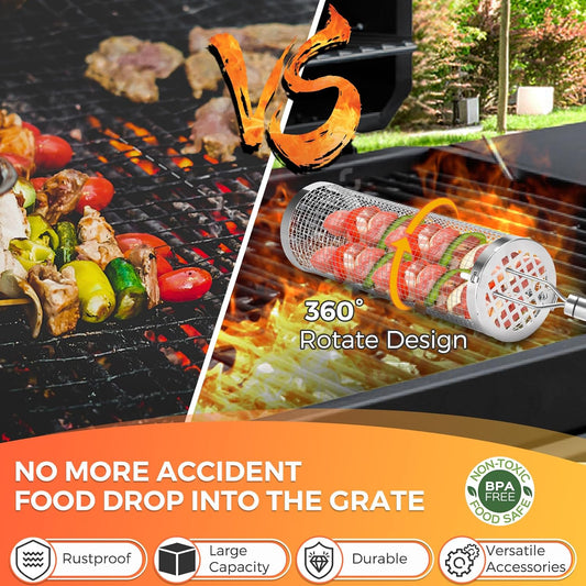 Rolling Grilling Basket, 2 PCS BBQ Grill Basket， Stainless Steel Grill Mesh with Grilling Accessories, Portable Outdoor Camping BBQ Grill Nets Cylinder for Fish, Shrimp, Vegetables, Meat