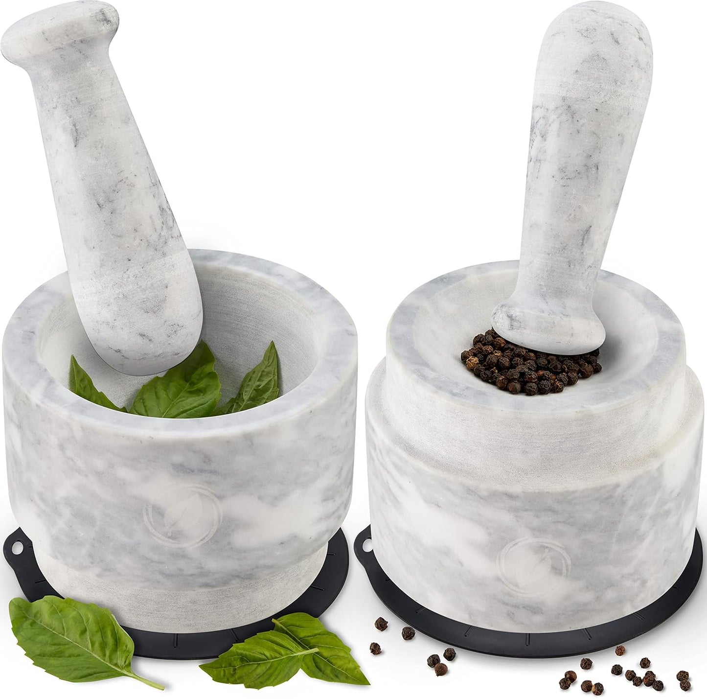 Laevo White Marble Mortar and Pestle Set - Heavy Duty Stone Spice Grinder - 2.1 Cup Capacity, 5.5-Inch Reversible Mortar and Pestle Set for Guacamole, Pesto, Spices - Large