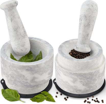 Laevo White Marble Mortar and Pestle Set - Heavy Duty Stone Spice Grinder - 2.1 Cup Capacity, 5.5-Inch Reversible Mortar and Pestle Set for Guacamole, Pesto, Spices - Large