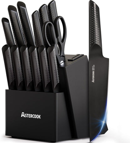 Astercook Knife Set, 15 Pieces Kitchen Knife Sets with Block and Built-In Knife Sharpener, German Stainless Steel Handle One-Piece Design Knives Block Set Dishwasher Safe, Black