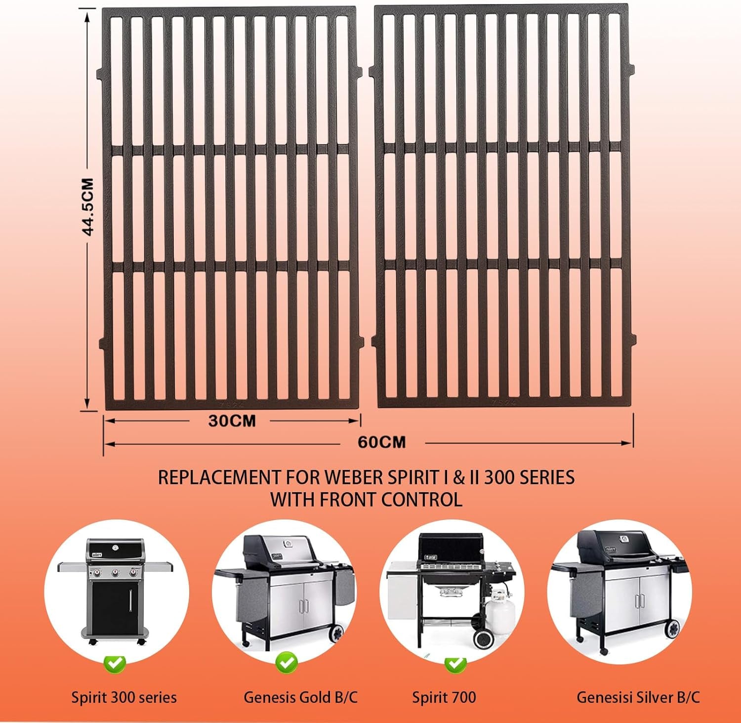 7638 17.5" Grates Replacement for Weber Spirit I & II 300 Series, Spirit 700, Genesis 1000-3500, Spirit E/S-310, E/S-320, E/S-330, Genesis Silver Gold Platinum B/C,Weber 900, Replaces for 7639