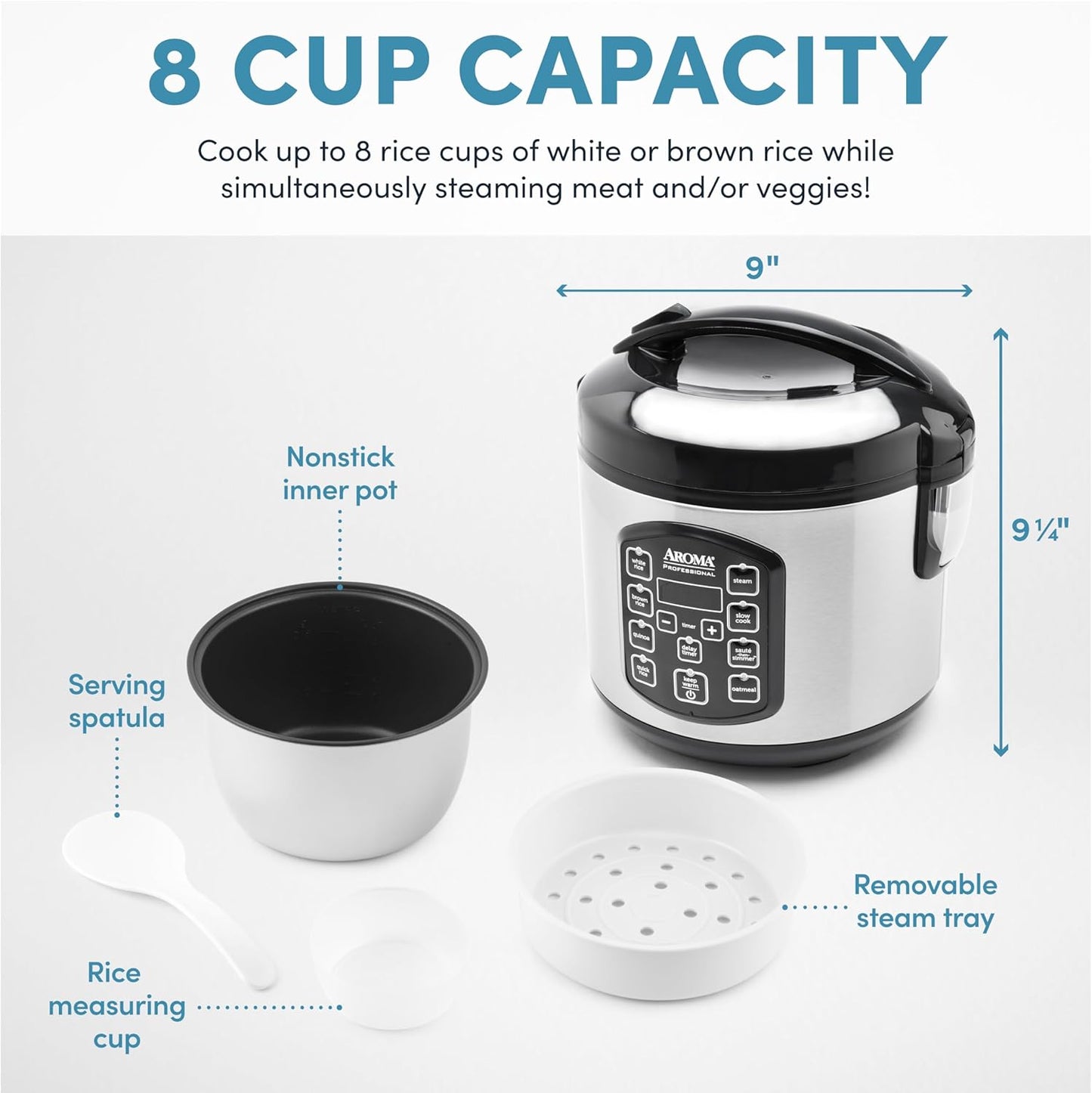AROMA Professional Digital Rice Cooker, Multicooker, 4-Cup (Uncooked) / 8-Cup (Cooked), Steamer, Slow Cooker, Oatmeal Cooker, STS, Auto Keep Warm, 2 Qt, Stainless Steel Exterior, ARC-954SBD