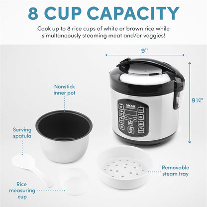 AROMA Professional Digital Rice Cooker, Multicooker, 4-Cup (Uncooked) / 8-Cup (Cooked), Steamer, Slow Cooker, Oatmeal Cooker, STS, Auto Keep Warm, 2 Qt, Stainless Steel Exterior, ARC-954SBD