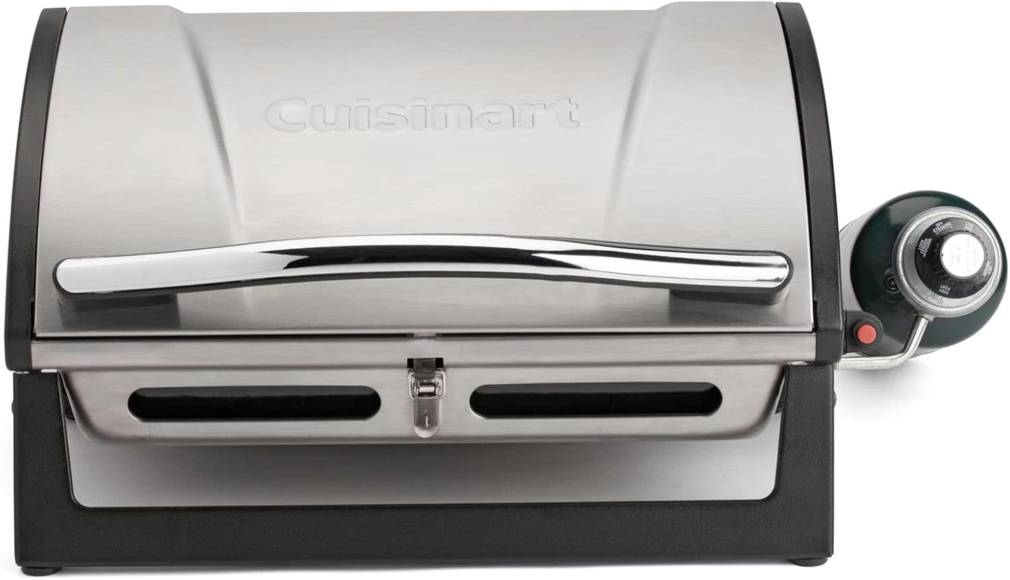 Cuisinart Grillster Portable Gas Grill, Stainless Steel Compact BBQ Grill with Locking Lid for Easy Transport, 8000 BTU Propane Grill with Dishwasher Safe Cooking Grate, Small Grill for Camping & Bbqs
