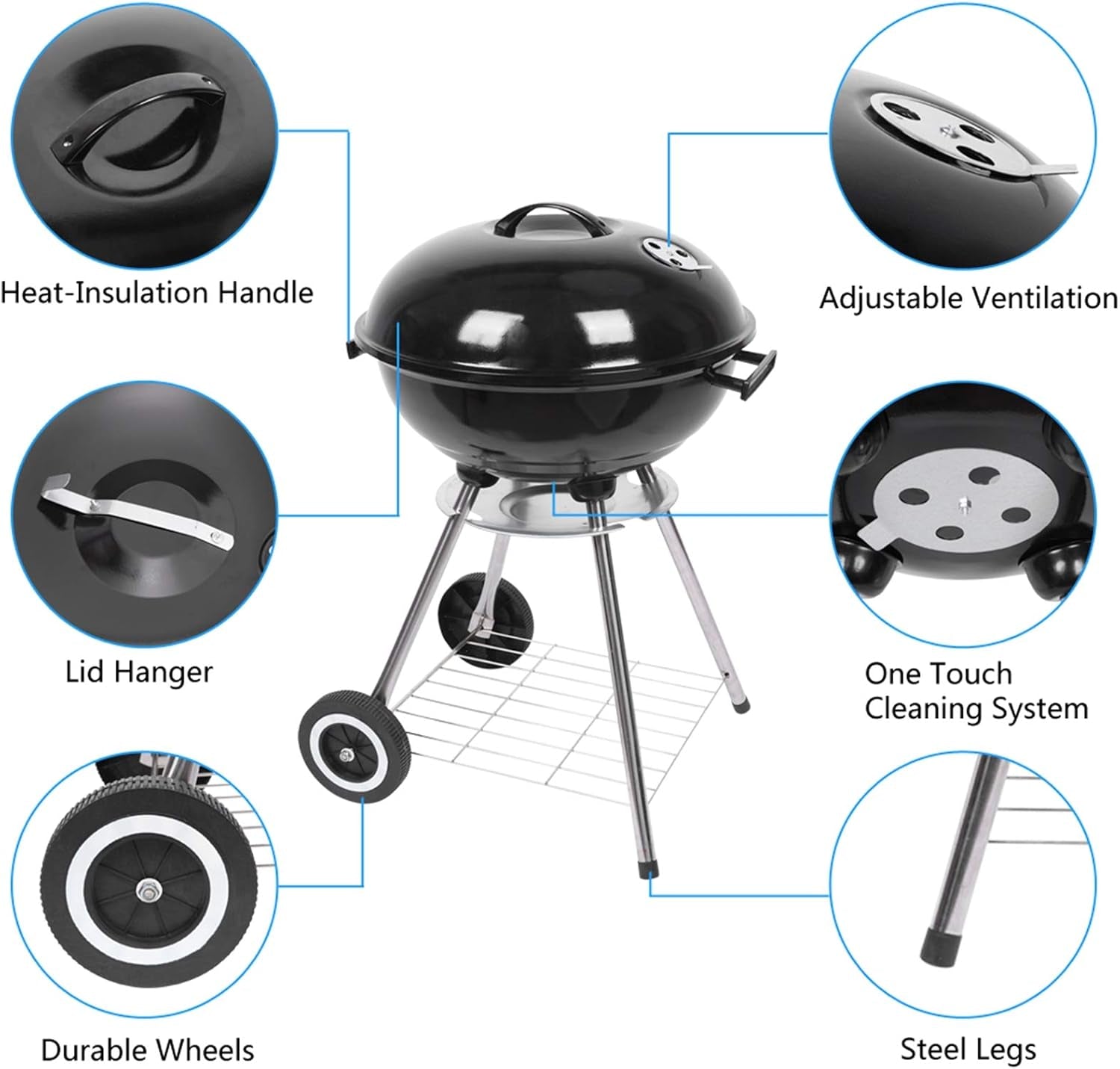 18“ Charcoal Grill with Wheels for Outdoor Cooking Barbecue Camping BBQ Coal Kettle Grill Tailgating Portable Heavy Duty round with Thickened Grilling Bowl Wheels, Black
