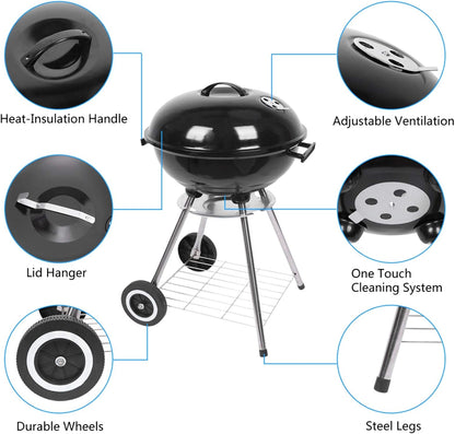 18“ Charcoal Grill with Wheels for Outdoor Cooking Barbecue Camping BBQ Coal Kettle Grill Tailgating Portable Heavy Duty round with Thickened Grilling Bowl Wheels, Black