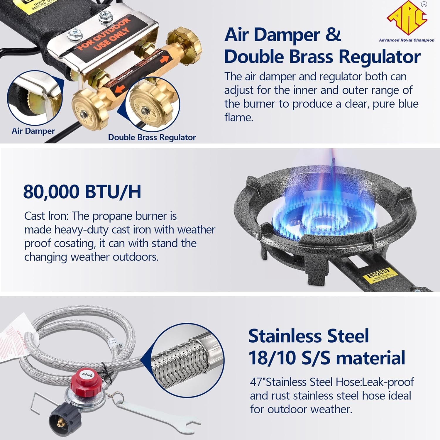 ARC Outdoor Propane Burner Stove, 13" Single Propane Burner, Cast Iron Portable Wok Burner with Bilateral Control Rings and 0-20 PSI Adjustable Regulator, Stainless Steel Hose