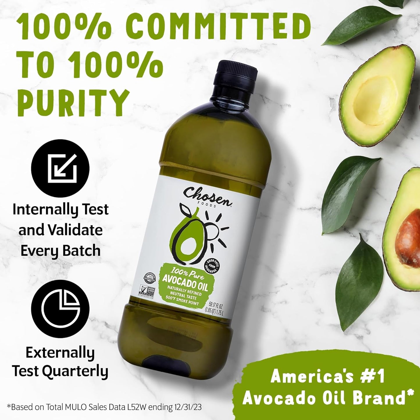 Chosen Foods 100% Pure Avocado Oil for Cooking - 1.75L - Made with Good Fats from Avocados, Naturally Refined, Never Adulterated, High Smoke Point, Non-Gmo, Soy-Free, Canola Oil-Free, Gluten-Free, Paleo, Keto