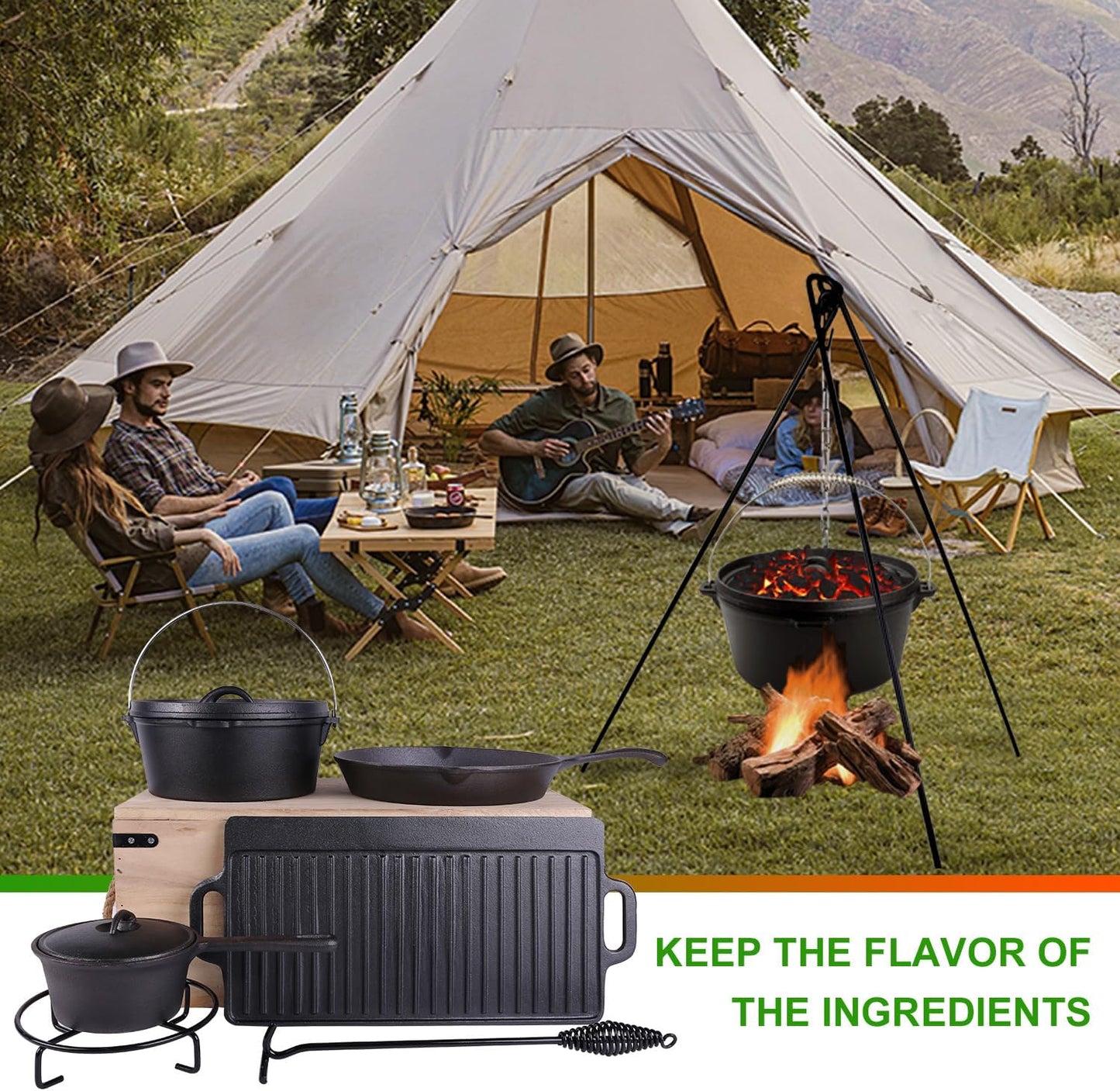 8 Piece Cast Iron Pots and Pans Set Cast Iron Skillets Bakeware and Square Grill Pan Camping Kitchen Cookware