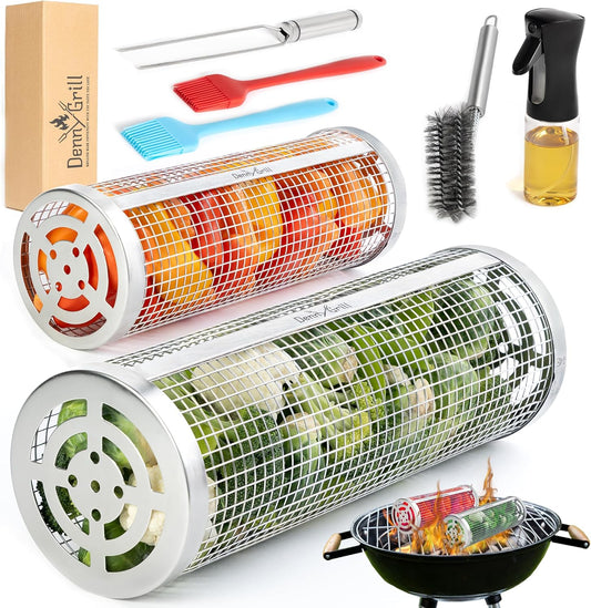 Baskets for Outdoor (2PCS, 2024 Upgraded) - Rolling Grilling Barbecue 360 ​​Cylinder Accessories for Cooking Vegetables Fish Meat BBQ Outdoor - 304 Stainless Steel Basket Cool Thing for Gift for Men and Camping