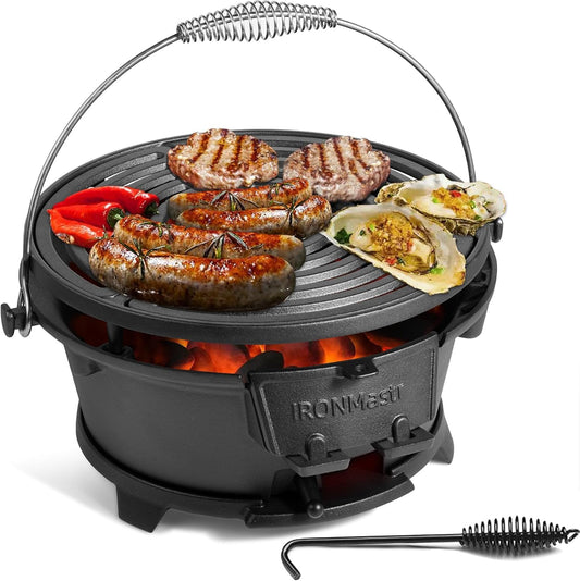 Ironmaster Hibachi Grill Outdoor, 100% Cast Iron Grill, Mini Small Portable Charcoal Grill for Outdoor Camping Stove - 2 Heights, Air Control, Coal Door