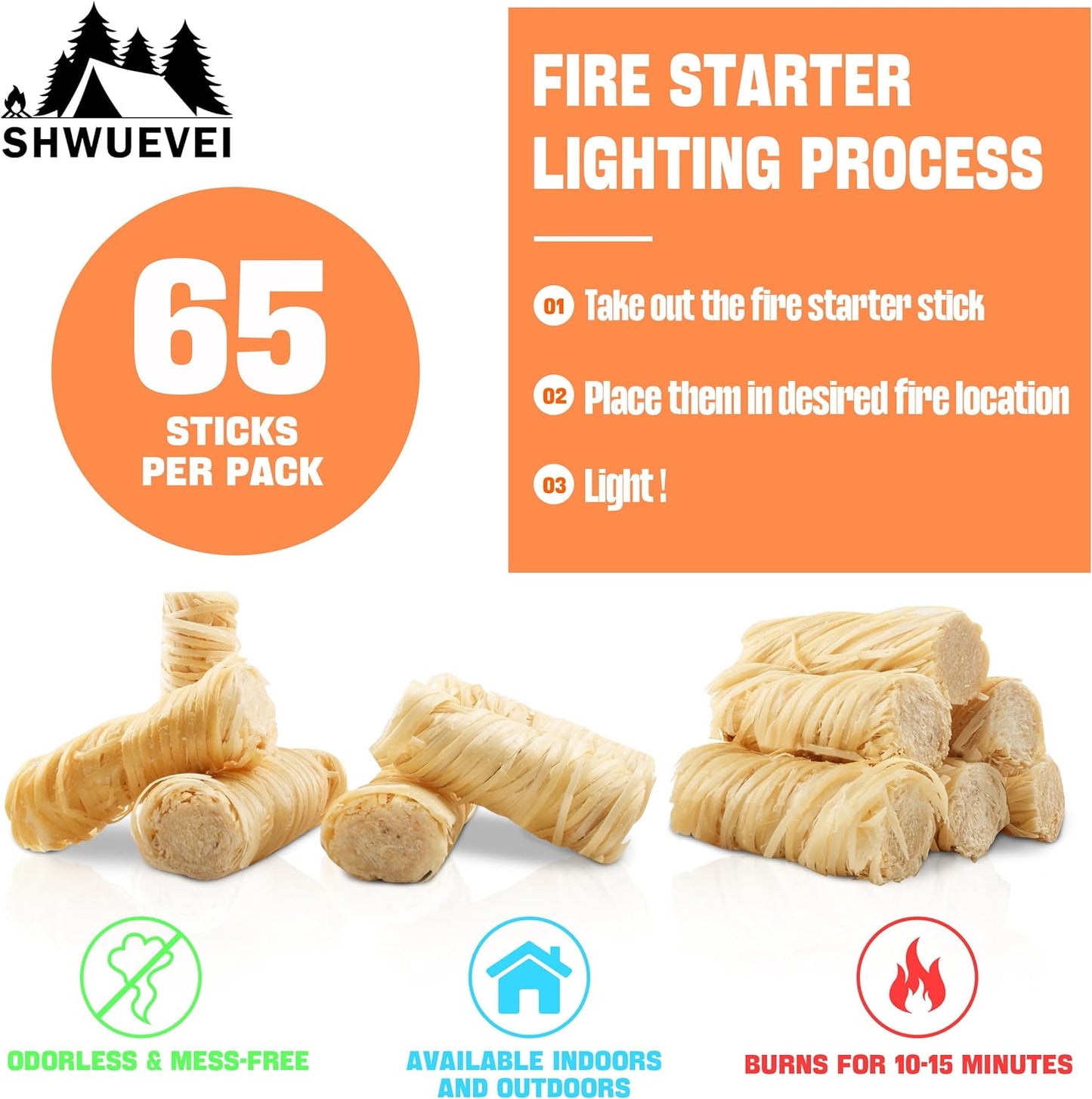 Shwuevei 65 Pcs Fire Starter - Natural Fire Starters for Fireplace, Pellet Stove & Wood, Fire Pit, Smoker, BBQ, Chimney, Pizza Oven - Fire Starters for Grill, Charcoal Starter