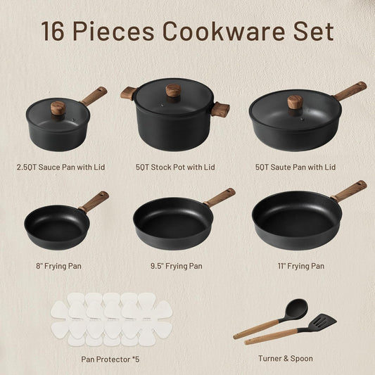 CAROTE Nonstick Pots and Pans, Induction Cookware Set 16Pcs Kitchen Cooking Sets, Pot and Pan Non Stick W/Frying Pan (PFOS, PFOA Free)