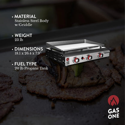 Gas One Flat Top Grill with 3 Burners Auto Ignition Propane Portable Stainless Steel Tabletop Grill with Pre Season Griddle Convenient Drip Tray Ideal for RV, Camping