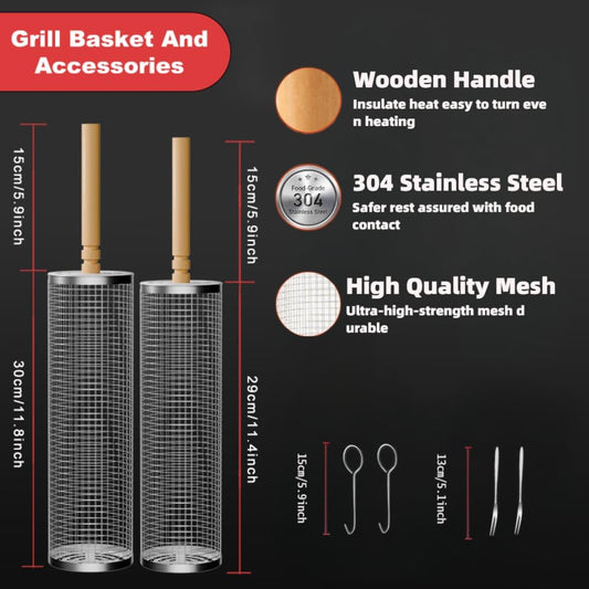 Nesting Rolling Grill Baskets 2PCS,304 Stainless Steel BBQ Tools with Removable Wooden Handle for Vegetables,Shrimp,Camping,Backyard,Outdoor Grilling Accessories,Grilling Gifts for Men
