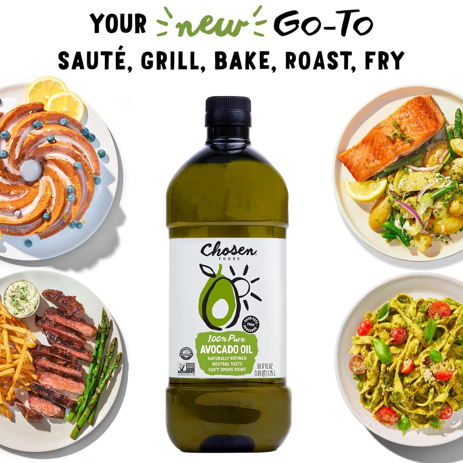 Chosen Foods 100% Pure Avocado Oil for Cooking - 1.75L - Made with Good Fats from Avocados, Naturally Refined, Never Adulterated, High Smoke Point, Non-Gmo, Soy-Free, Canola Oil-Free, Gluten-Free, Paleo, Keto