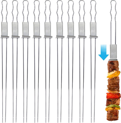 Blue Donuts 10 Pack Kabob Skewers for Grilling 17 Inch – Kabob Skewers with Push Bar, Stainless Steel Skewers with Comfortable Handle Grip, BBQ Grilling Accessories