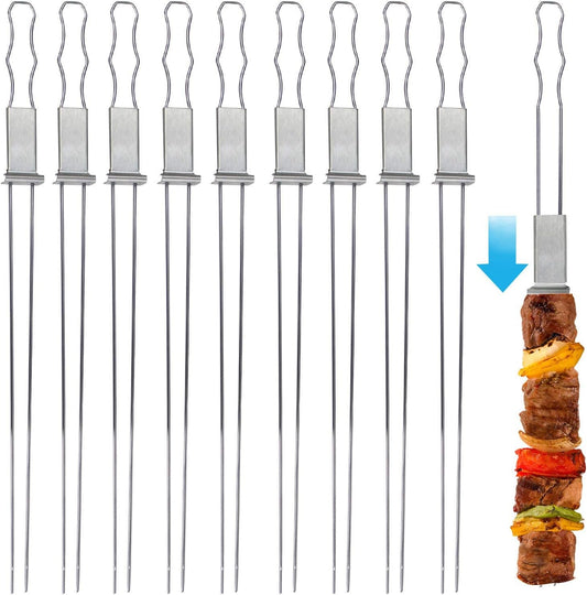 Blue Donuts 10 Pack Kabob Skewers for Grilling 17 Inch – Kabob Skewers with Push Bar, Stainless Steel Skewers with Comfortable Handle Grip, BBQ Grilling Accessories
