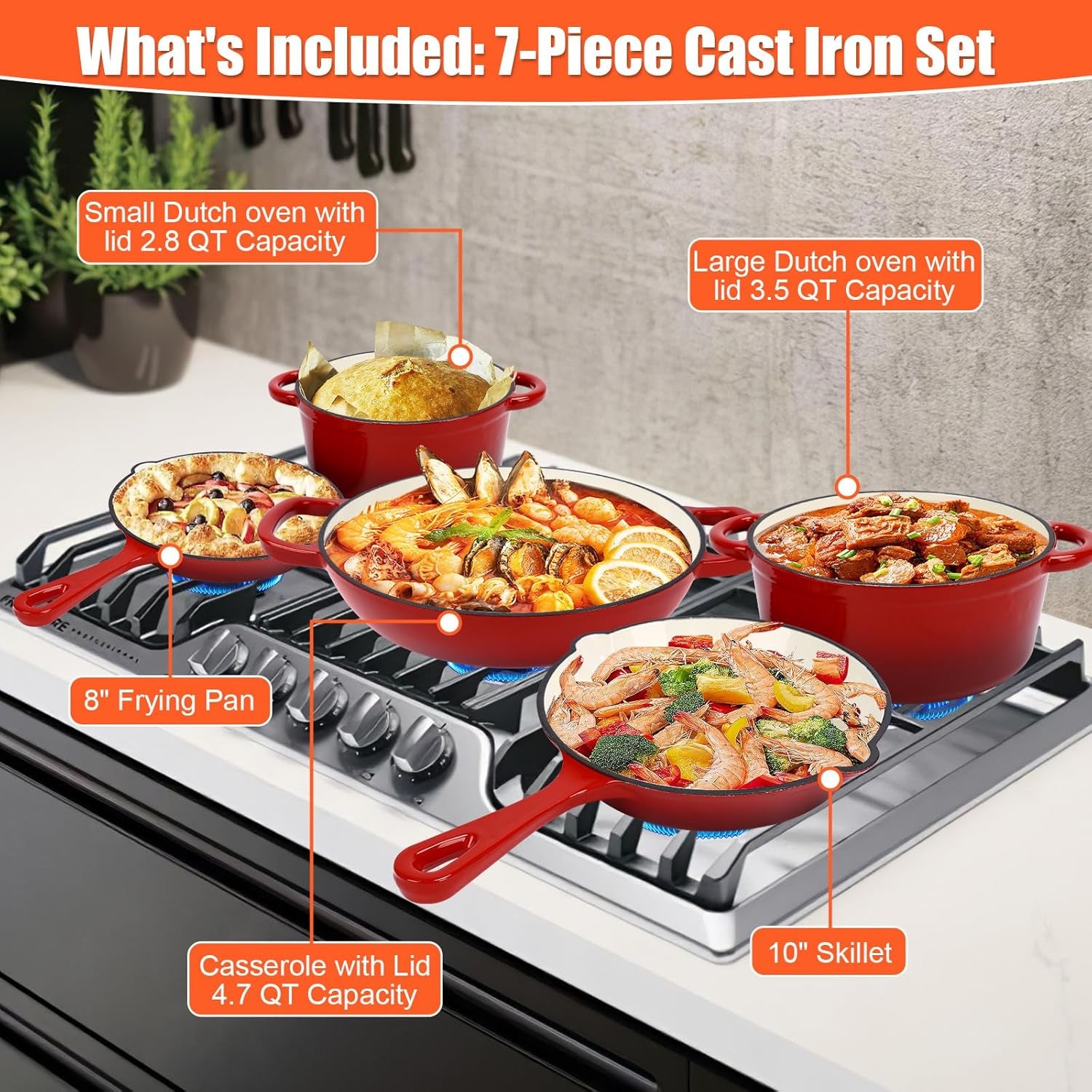 Nonstick Enameled Cast Iron Cookware Set, 8-Pcs Pots and Pans with Lid, Skillet, Frying Pan, Saucepan & Dutch Oven for All Stovetops, PFA Free - Ideal for Sourdough Bread Baking - Comes with Organizer