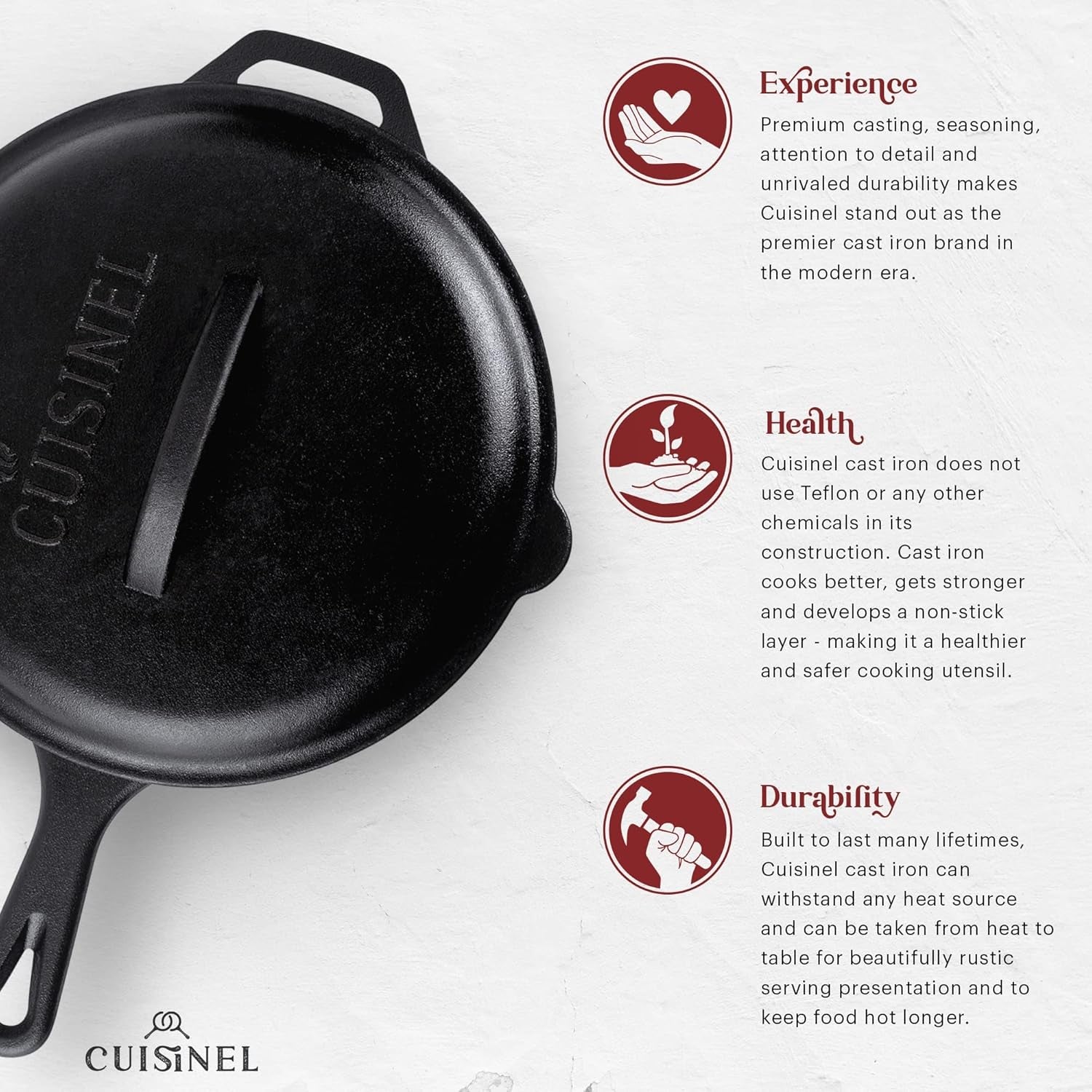 Cuisinel Cast Iron Skillets Set with Lids - 8"+10"+12"-Inch Pre-Seasoned Covered Frying Pan Set + Silicone Handle and Lid Holders + Scraper/Cleaner - Use Cookware Indoor/Outdoor, Oven, Stovetop, Fire