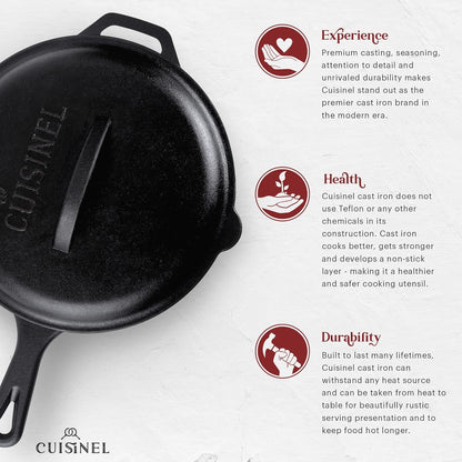 Cuisinel Cast Iron Skillets Set with Lids - 8"+10"+12"-Inch Pre-Seasoned Covered Frying Pan Set + Silicone Handle and Lid Holders + Scraper/Cleaner - Use Cookware Indoor/Outdoor, Oven, Stovetop, Fire