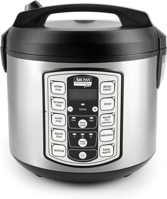 Aroma Housewares Professional plus ARC-5000SB 20 Cup (Cooked) Digital Rice Cooker, Food Steamer, Slow Cooker, Stainless Exterior/Nonstick Pot, Silver, Black, 10-Cup Uncooked/20-Cup Cooked/4Qt