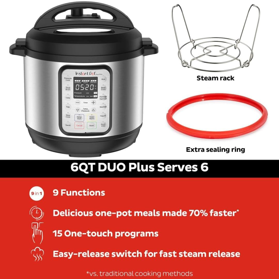 Instant Pot Duo plus 9-In-1 Multicooker, Pressure Cooker, Slow Cook, Rice Maker, Steamer, Sauté, Yogurt, Warmer & Sterilizer, Includes App with over 800 Recipes, Stainless Steel, 6 Quarts