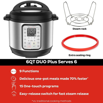 Instant Pot Duo plus 9-In-1 Multicooker, Pressure Cooker, Slow Cook, Rice Maker, Steamer, Sauté, Yogurt, Warmer & Sterilizer, Includes App with over 800 Recipes, Stainless Steel, 6 Quarts