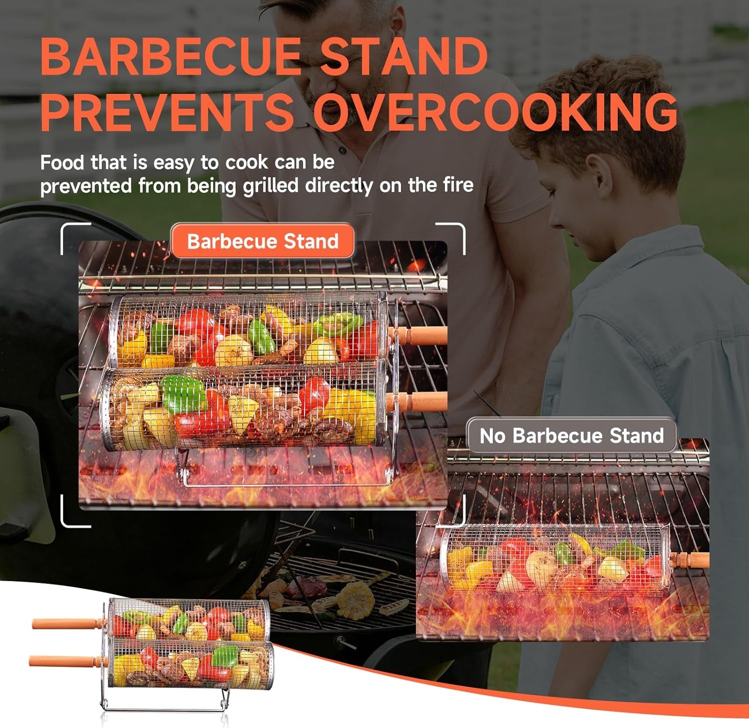 Rolling Grill Basket for Outdoor Grill 2 PCS, BBQ Grilling Gifts for Men Dad Husband, Stainless Steel Grill Mesh Barbeque Grill Accessories, Grilling Net with Wooden Handle & Stands, Outdoor Camping Tools for Chicken, Meat, Fish, Steak, Vegetables, Seafood