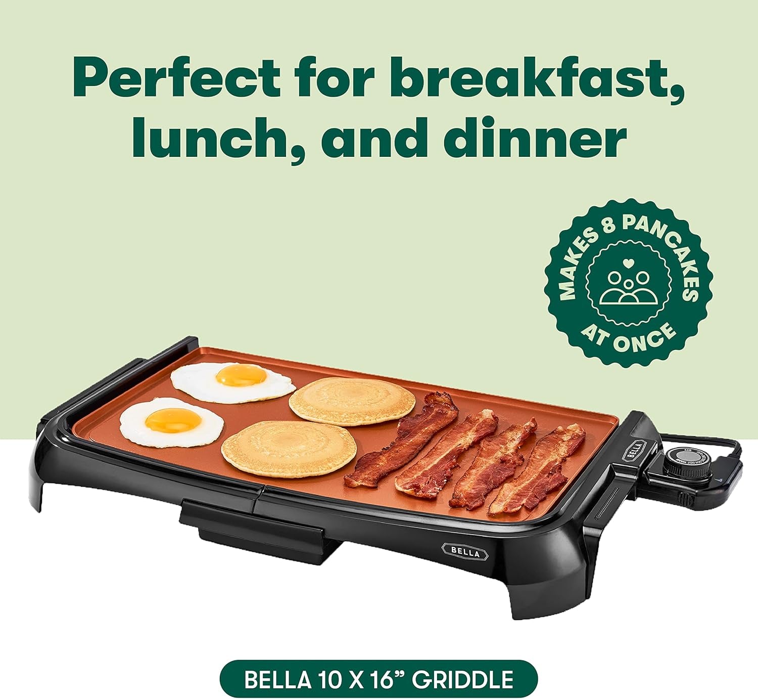 BELLA Griddle Ceramic Copper TI, Healthy-Eco Non-Stick Coating, Hassle-Free Clean Up, Large Submersible Cooking Surface, 10" X 16", Copper/Black