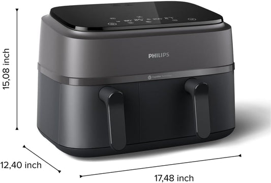 Philips Dual Basket Air Fryer 3000 Series, 8-In-1 Functions, 9.5 Quarts, 2 Drawers, Auto-Sync Cooking Time, 90% Less Fat, Rapid Air Technology, Homeid Recipe App, Dishwasher Safe, Black, (NA350/00)