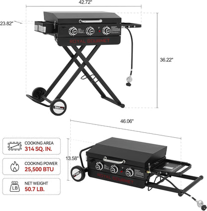 Royal Gourmet PD3001 3-Burner Propane Gas Griddle with Collapsible Stand, 23-Inch Portable Griddle with Side Table & 314 Sq. In. Cooking Area for Camping, Tailgating, Backyard & Patio, Black